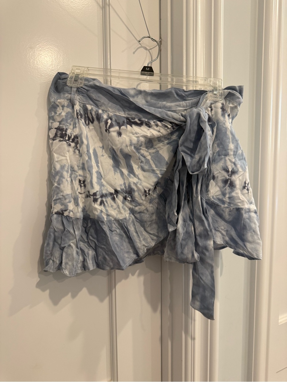 Tie-Dye Wrap Mini Skirt in Blue and White with Ruffle Hem